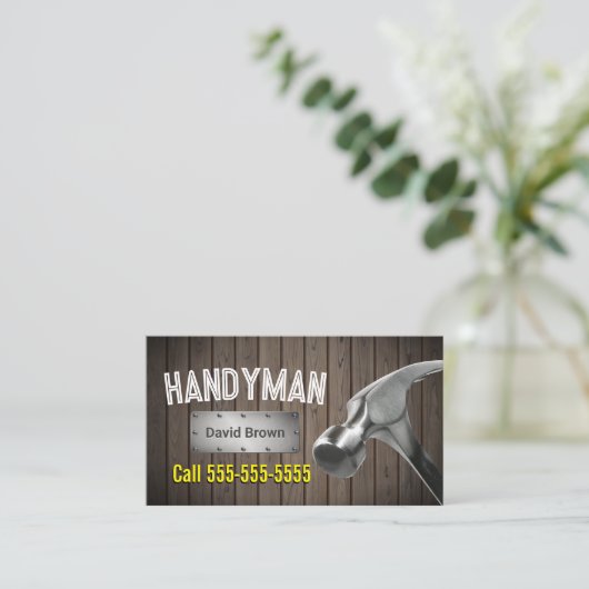 Handyman Grote Hamer Huis Reparatie Service Hout Visitekaartje (Staand voorkant)