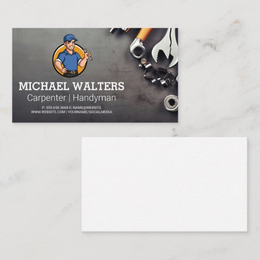 Handyman Holding Wrench | Gereedschap op tafel Visitekaartje (Voorkant / Achterkant)