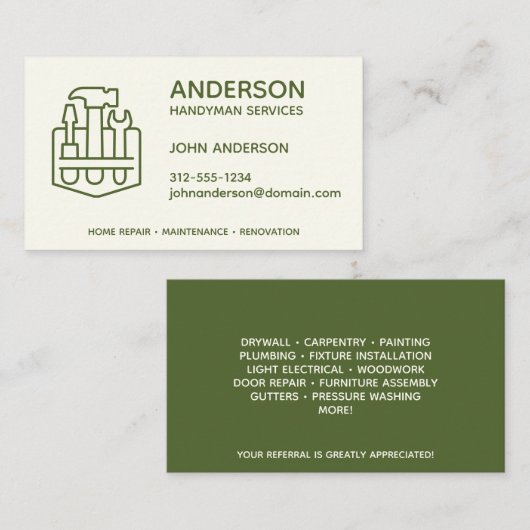 Handyman Home Repair Business Olive Green Custom Visitekaartje (Voorkant / Achterkant)