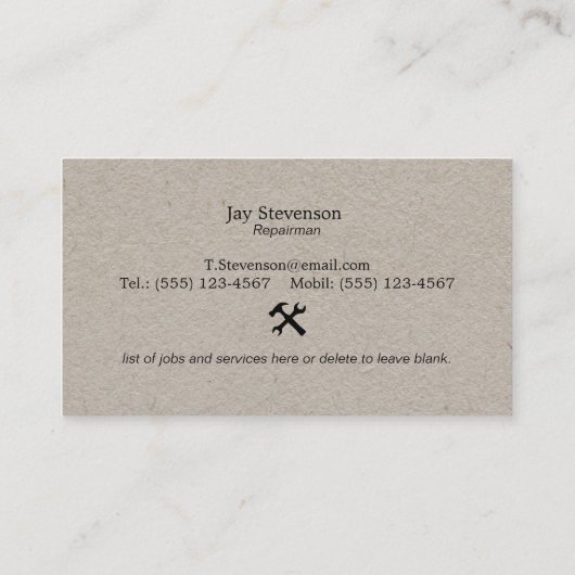 Handyman Home Repair Hammer en WFrench Kraft Visitekaartje (Achterkant)