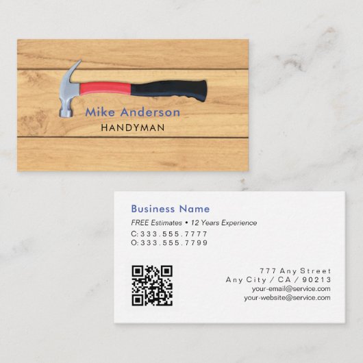 Handyman, Home Repair, QR-code, Blauwe naam Visitekaartje (Voorkant / Achterkant)