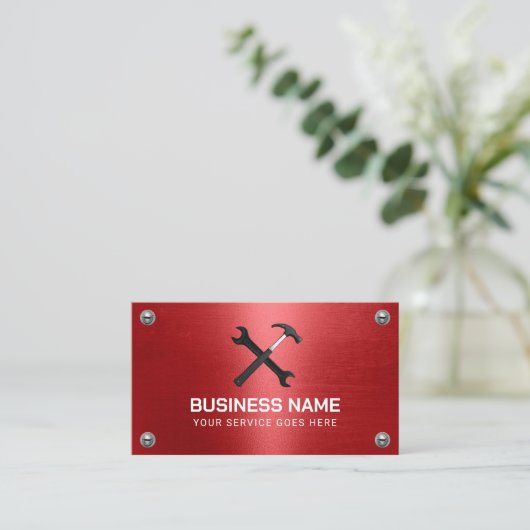Handyman Repair Maintenance Service Red Metal Visitekaartje (Staand voorkant)