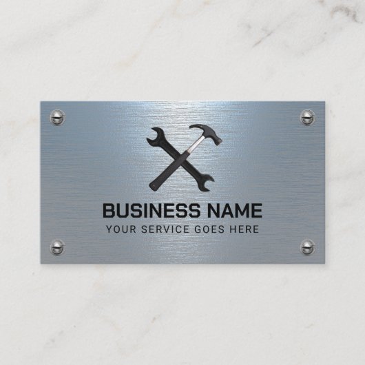 Handyman reparatie onderhoudsservice blauw metaal visitekaartje (Voorkant)