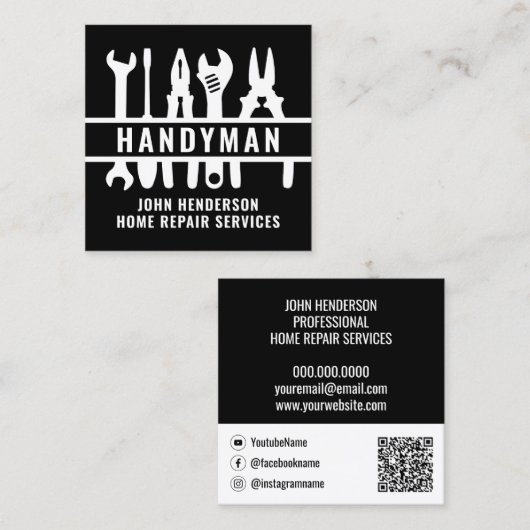 Handyman Terug Wit QR Code Home Reparatie Diensten Vierkante Visitekaartje (Voorkant / Achterkant)