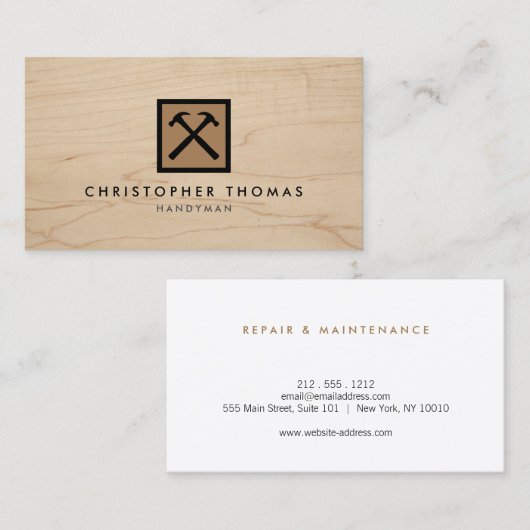 Handyman, timmerman, bouwer bruin Logo op hout Visitekaartje (Voorkant / Achterkant)