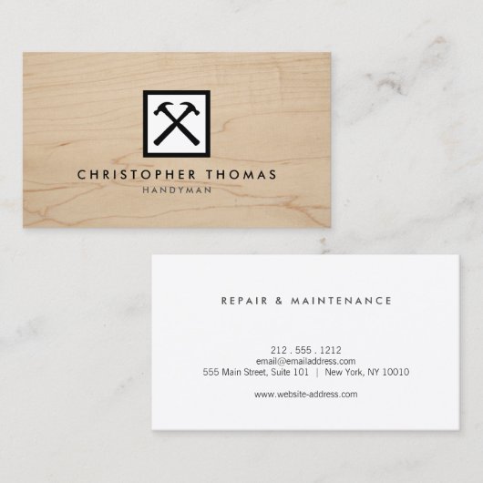 Handyman, timmerman, bouwer wit Logo op hout Visitekaartje (Voorkant / Achterkant)