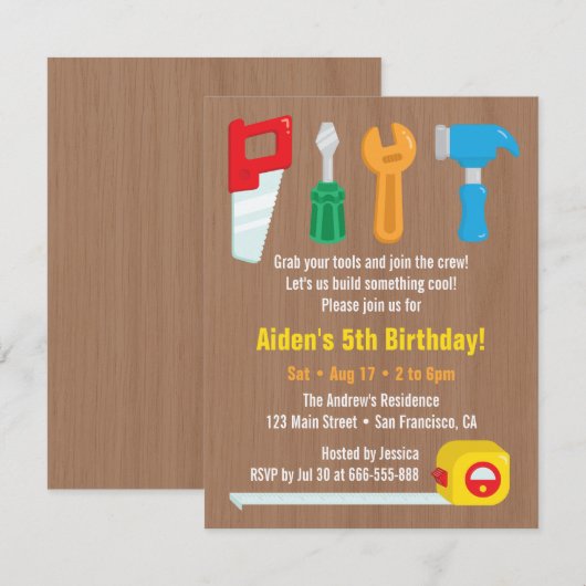 Handyman Tool Boys Birthday Party-uitnodigingen Kaart (Voorkant / Achterkant)
