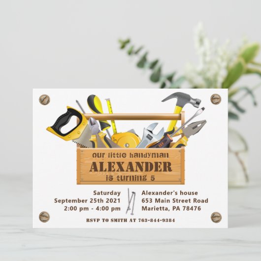 Handyman Tools and Gadgets Birthday Party Invitati Kaart (Staand voorkant)