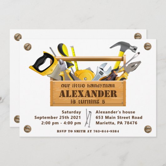 Handyman Tools and Gadgets Birthday Party Invitati Kaart (Voorkant / Achterkant)