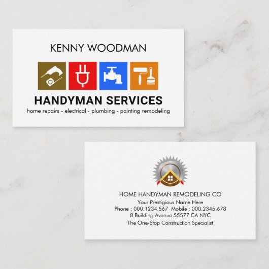 Handyman Tools Placard Home Remodeling Visitekaartje (Voorkant / Achterkant)