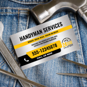 HANDYMAN URGENT REPARATIE 24/ ZILVER ZWART GEEL VISITEKAARTJE