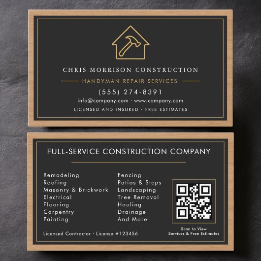 Handyman Wood QR Code Construction Black Gold Visitekaartje