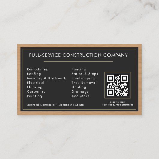 Handyman Wood QR Code Construction Black Gold Visitekaartje (Achterkant)