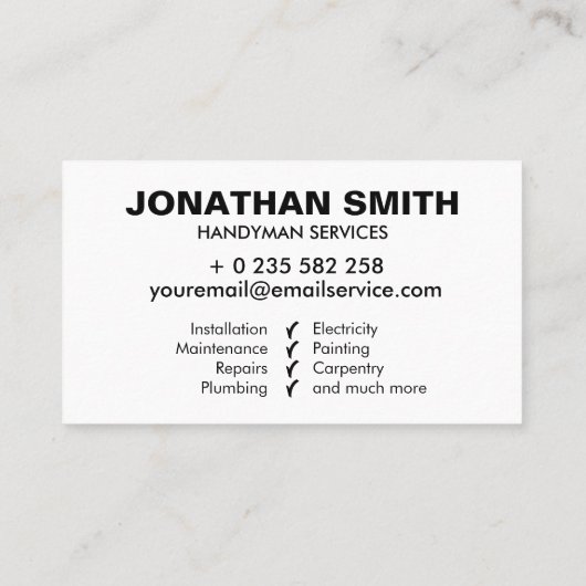 Handymandiensten eenvoudig zwart-wit visitekaartje (Achterkant)