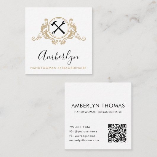 Handywoman Custom Logo QR Code Goud Zwart Vierkante Visitekaartje (Voorkant / Achterkant)