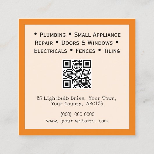 Handywoman Modern Oranje  QR-code Vierkante Visitekaartje (Achterkant)