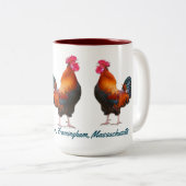 Hanen Boerderij met aangepaste Blauwgroen tekst Tweekleurige Koffiemok (Voorkant rechts)