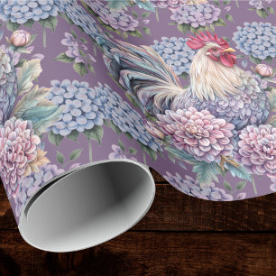 Hanen en Hortensia's Blauw Paars Grijs Boerderijst Cadeaupapier