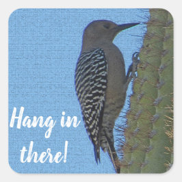 Hang in daar Woodpecker Foto Saguaro Cactus Vierkante Sticker