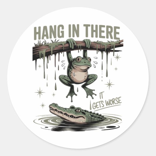 Hang In There It Gets Worse – Funny Frog & Crocodi Ronde Sticker (Voorkant)