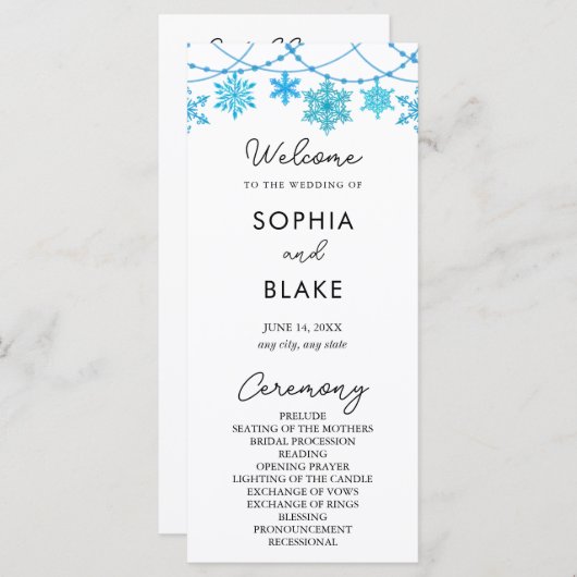 Hangen Blue Snowflakes White Wedding Programme (Voorkant / Achterkant)