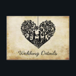 Hangen hartenboom Vintage Wedding Detail Informatiekaartje<br><div class="desc">Deze trouwdetailkaarten zijn voorzien van een romantische hangende boom, die binnenkort man en vrouw zal zijn, die in de vorm van een hart gekerfd is. De effect achtergrond maakt deze detailkaarten perfect voor om het even welk paar dat een romantische antiek bruiloft plant. Deze detailkaarten kunnen gemakkelijk worden aangepast aan...</div>