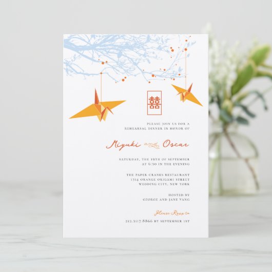 Hangen Oranje Origami Cranes & Love Quote Wedding Kaart (Staand voorkant)