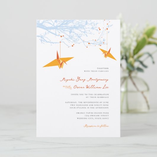 Hangen Oranje Origami Cranes & Love Quote Wedding Kaart (Staand voorkant)