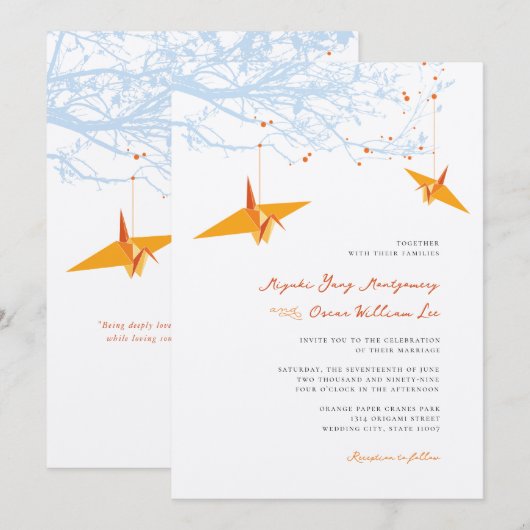 Hangen Oranje Origami Cranes & Love Quote Wedding Kaart (Voorkant / Achterkant)