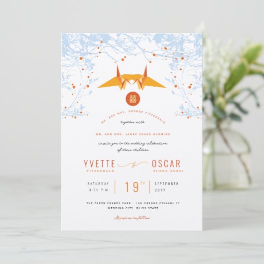 Hangen Oranje Origami Cranes & Love Quote Wedding Kaart (Staand voorkant)