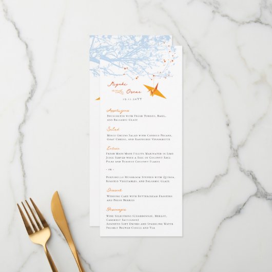Hangen Origami Oranje Paper Crane Asian Wedding Menu (Voorkant / Achterkant in situ)