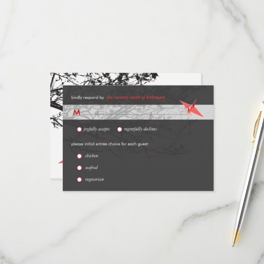 Hangen Origami Paper Cranes Asian Wedding RSVP Kaartje (Voorkant / Achterkant in situ)