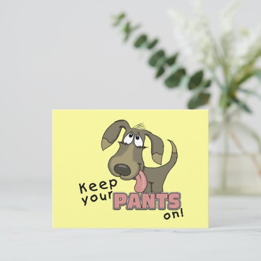 Hangend hondje houden broek aan briefkaart (Staand voorkant)