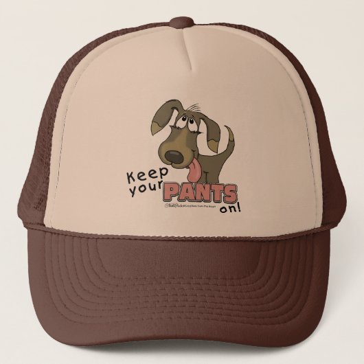 Hangend hondje houden broek aan trucker pet (Voorkant)