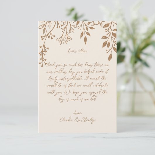 Hangende bloemen loof warm romantisch boho aards bedankkaart (Staand voorkant)