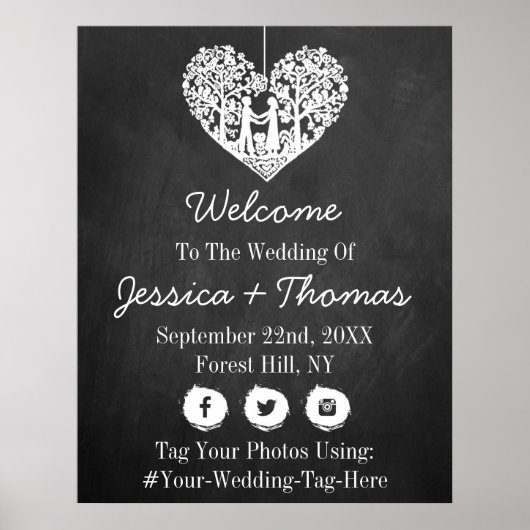 Hangende Hart Boom Chalkboard Bruiloft Welkom Poster (Voorkant)