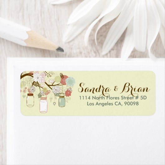 Hangende Mason Jar & Retro Flowers Bruiloft Sticke Etiket (Insitu)