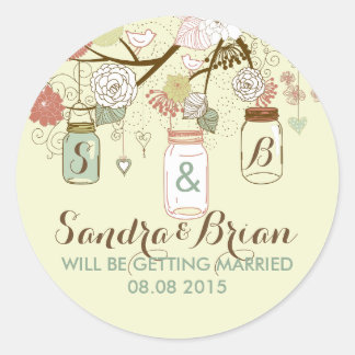Hangende Mason Jar & Retro Flowers Bruiloft Sticke Ronde Sticker
