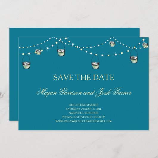 Hangende Mason Jars aan een snoer van lichten STD Save The Date (Voorkant / Achterkant)