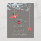 Hangende Origami Red Paper Cranes Zen Save the Dat Aankondigingskaart (Voorkant)