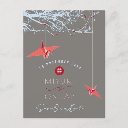 Hangende Origami Red Paper Cranes Zen Save the Dat Aankondigingskaart (Voorkant)