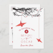 Hangende Origami Red Paper Cranes Zen Save the Dat Aankondigingskaart (Voorkant / Achterkant)