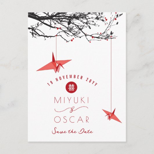 Hangende Origami Red Paper Cranes Zen Save the Dat Aankondigingskaart (Voorkant)