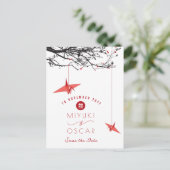 Hangende Origami Red Paper Cranes Zen Save the Dat Aankondigingskaart (Staand voorkant)