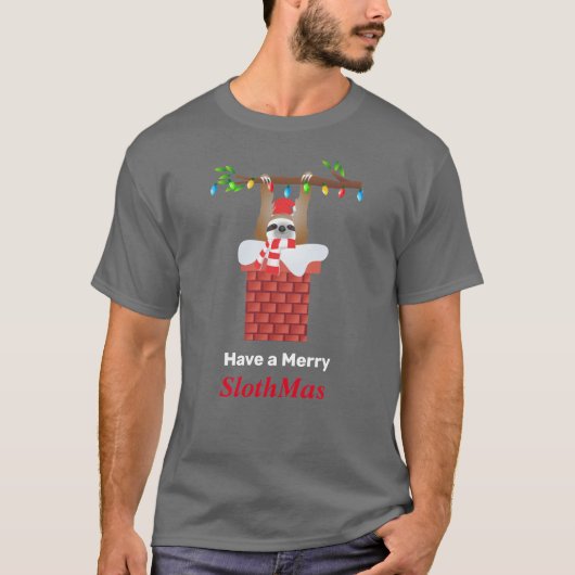 Hangende Santa Sloth met Lights Down the Chimney T-shirt (Voorkant)