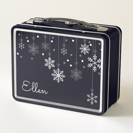 Hangende sneeuwvlokken zwart metalen lunchbox (Achterkant)