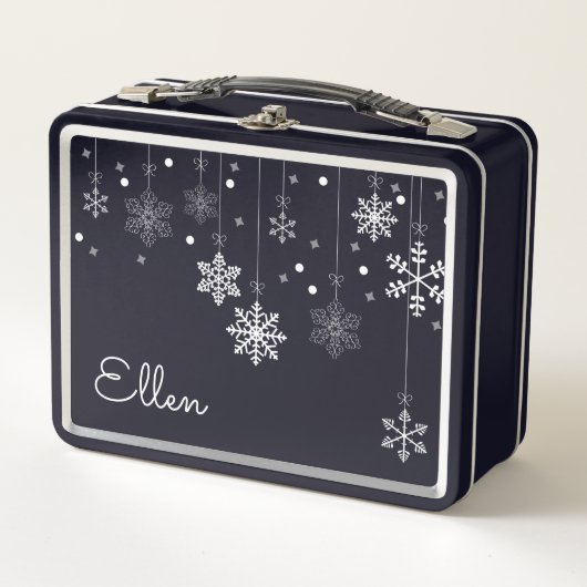 Hangende sneeuwvlokken zwart metalen lunchbox (Voorkant)