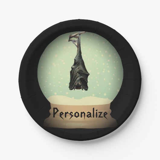 Hangende vleermuis wereldbol zwart  gotische herfs papieren bordje (Voorkant)