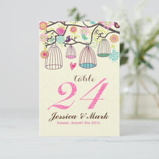Hangende Vogelkooien & Retro Bloemen Tafelnummer (Staand voorkant)