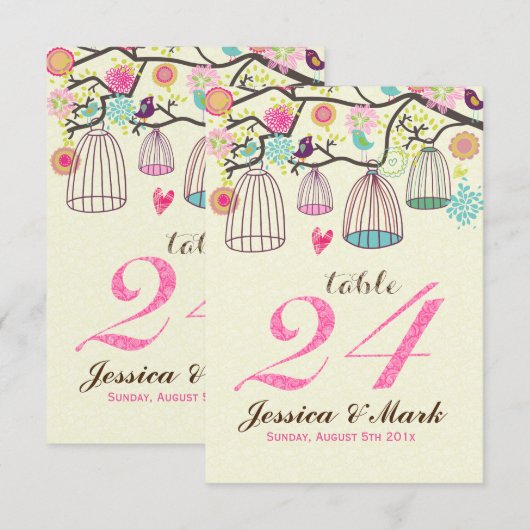 Hangende Vogelkooien & Retro Bloemen Tafelnummer (Voorkant / Achterkant)